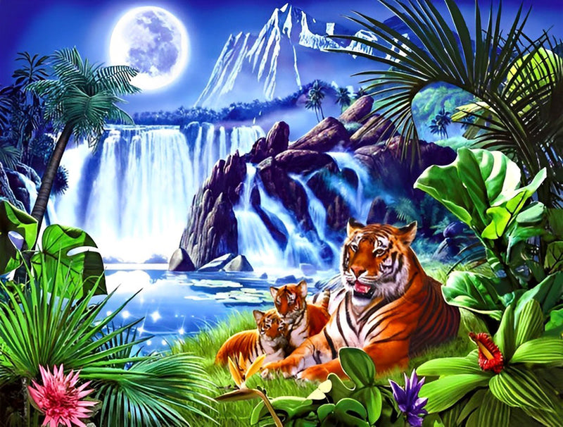 Tigre Famille sous la Lune Claire Broderie Diamant