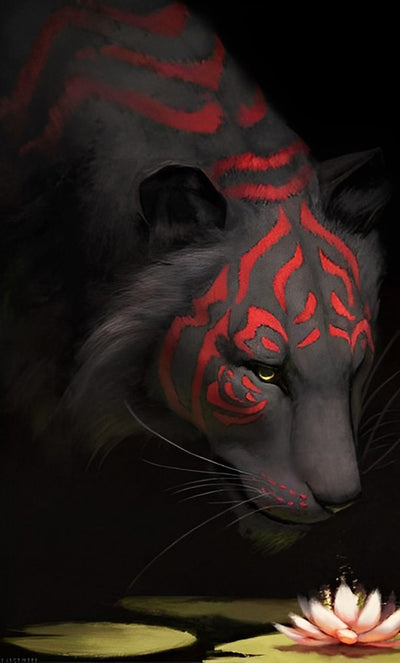Tigre Noir avec des Motifs Rouges Broderie Diamant