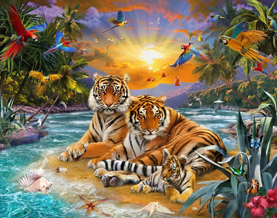 Tigre Parents et Leur Enfant dans les Tropiques Broderie Diamant