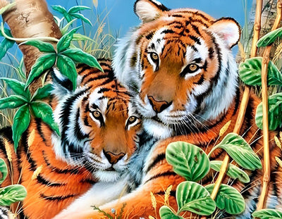 Tigre Roux et des Feuilles Broderie Diamant