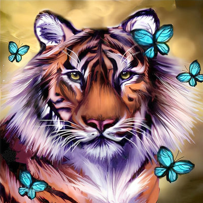 Tigre Roux et des Papillons Bleus Broderie Diamant