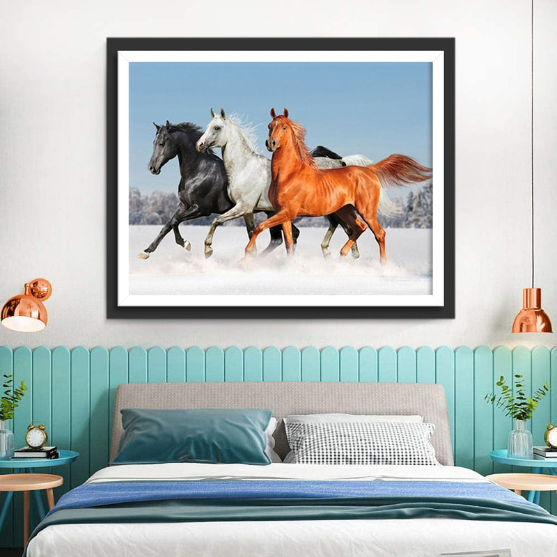 Tois Chevaux Différants dans la Neige Broderie Diamant