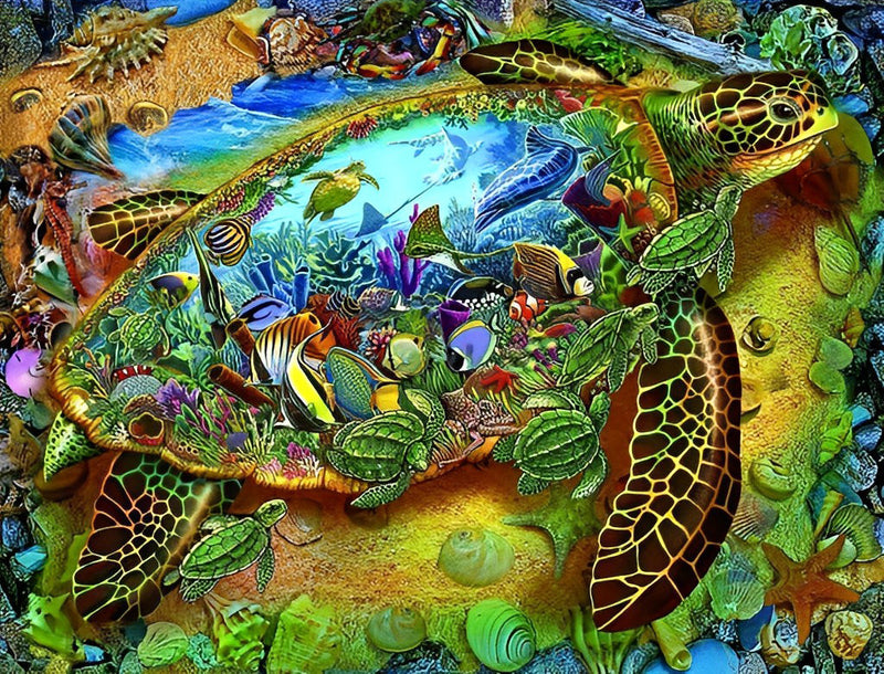 Tortue et les Animaux Maritimes Broderie Diamant