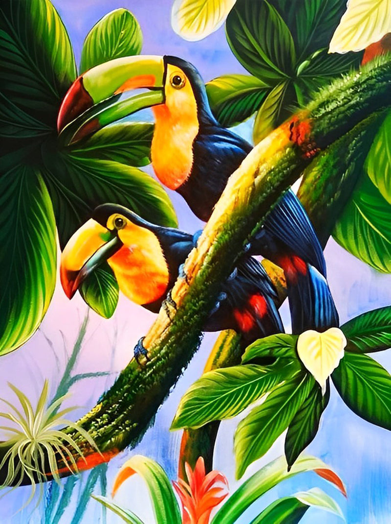 Toucans Toco et Plantes Tropicales Broderie Diamant