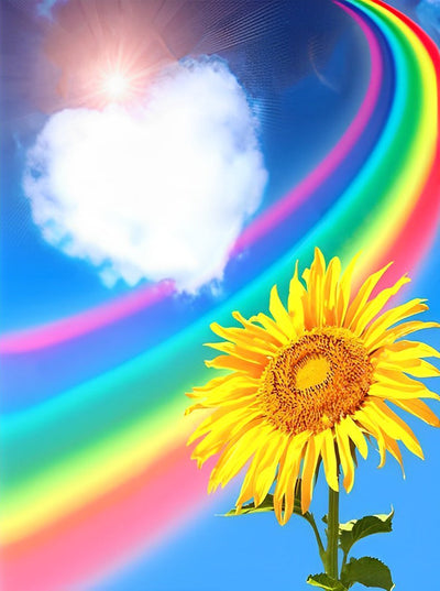 Tournesol et Arc-en-Ciel avec Nuage en Forme de Coeur Broderie Diamant