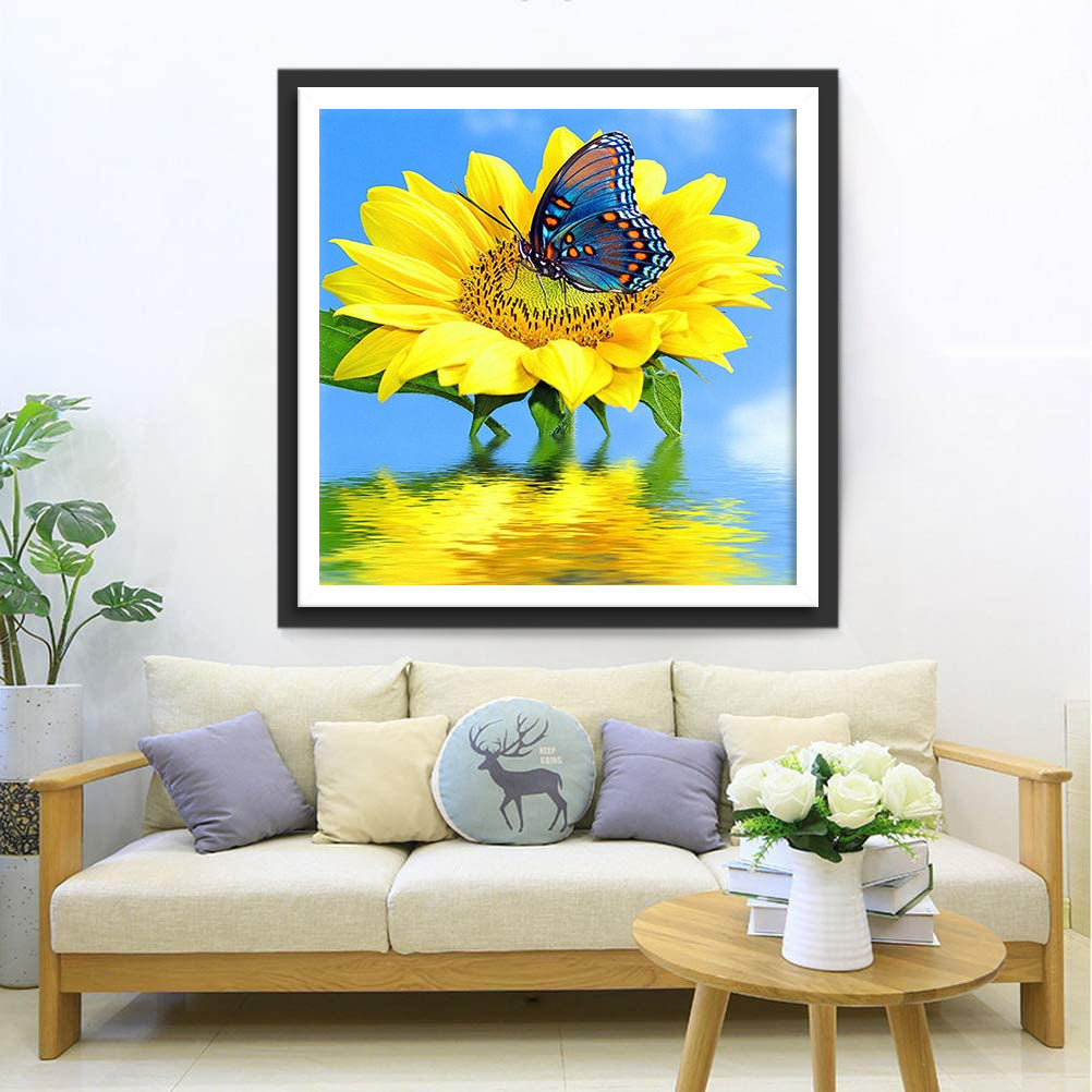 Tournesol et Papillon Bleu Broderie Diamant