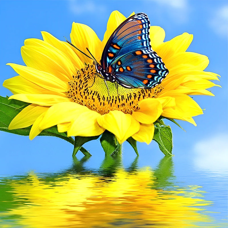 Tournesol et Papillon Bleu Broderie Diamant