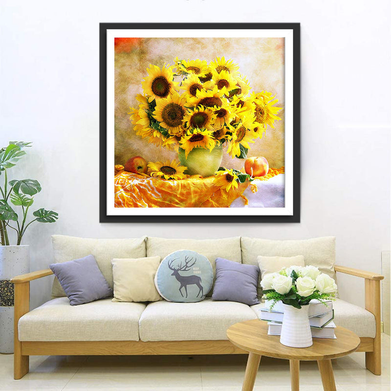 Tournesols dans le Vase Vert et les Pommes Broderie Diamant