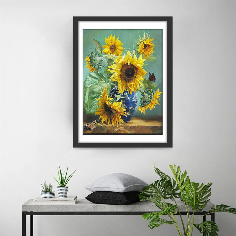 Tournesols dans un Vase avec des Papillons Broderie Diamant