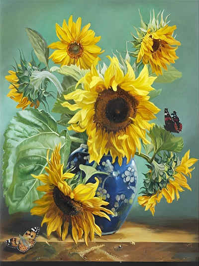 Tournesols dans un Vase avec des Papillons Broderie Diamant