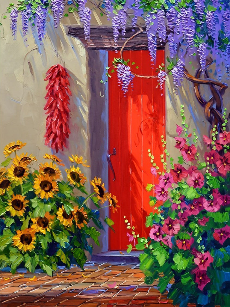 Tournesols et Coquelicots Roses Broderie Diamant