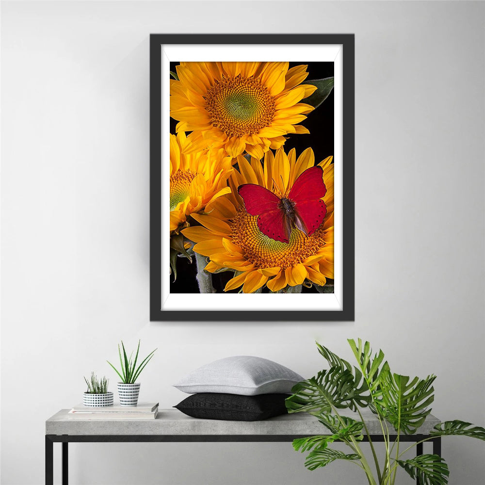 Tournesols et Papillon Rouge Broderie Diamant
