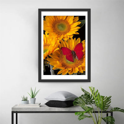 Tournesols et Papillon Rouge Broderie Diamant