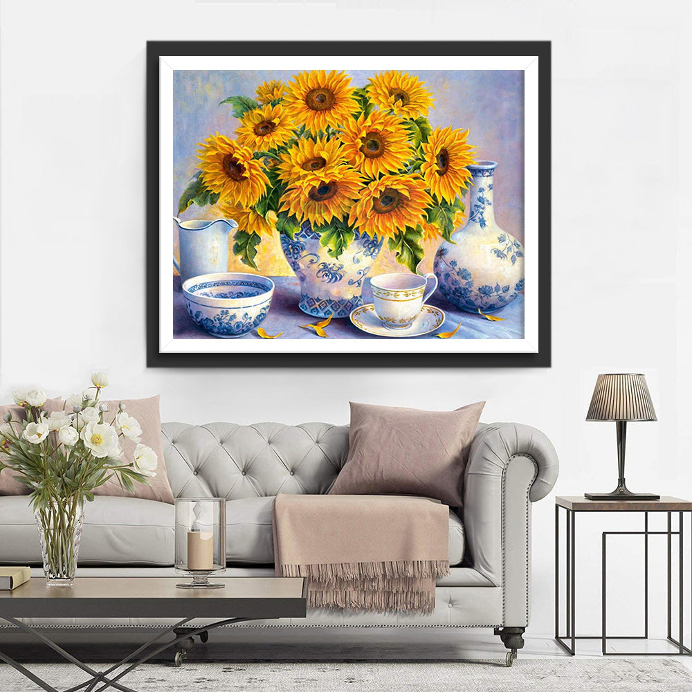 Tournesols et Porcelaines Bleues et Blanches Broderie Diamant