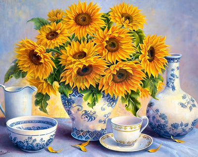 Tournesols et Porcelaines Bleues et Blanches Broderie Diamant