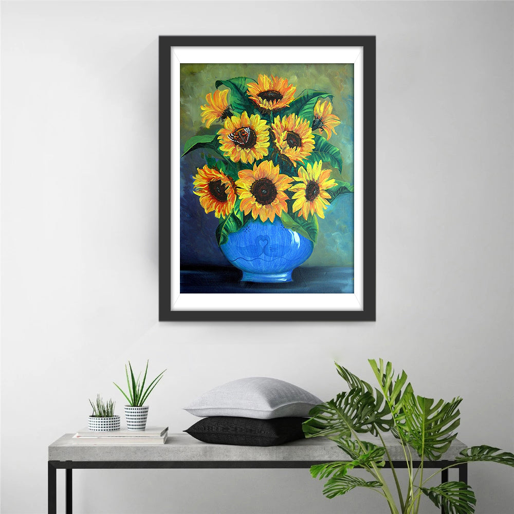 Tournesols et Vase Bleu Broderie Diamant