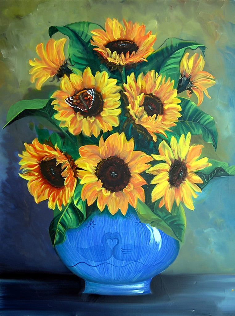 Tournesols et Vase Bleu Broderie Diamant