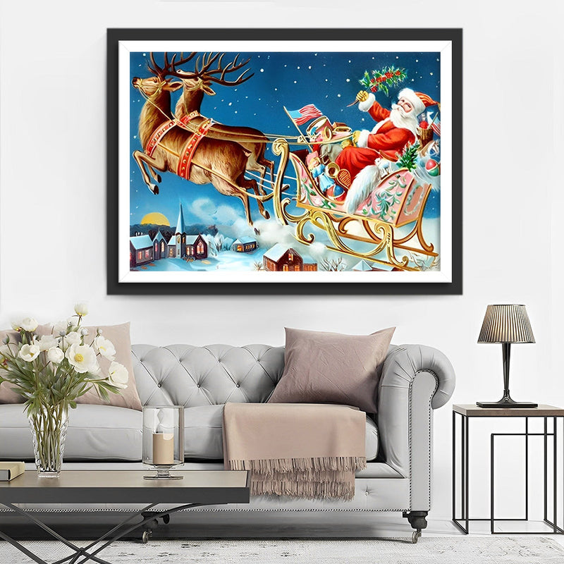 Traîneau du Père Noël Volant avec des Rennes Broderie Diamant