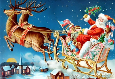 Traîneau du Père Noël Volant avec des Rennes Broderie Diamant