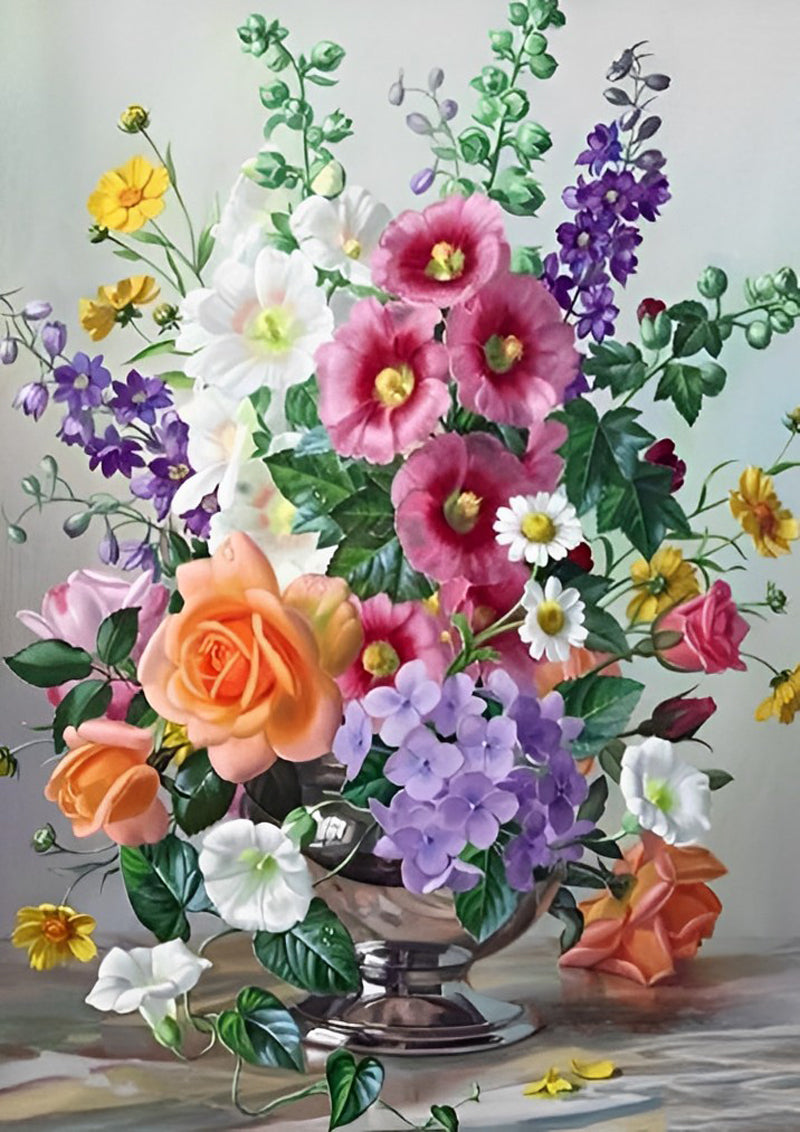 Trémières et Roses Colorées Broderie Diamant
