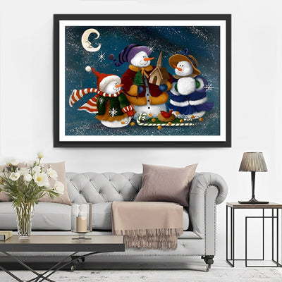 Trois Bonhommes de Neige et Lune Broderie Diamant