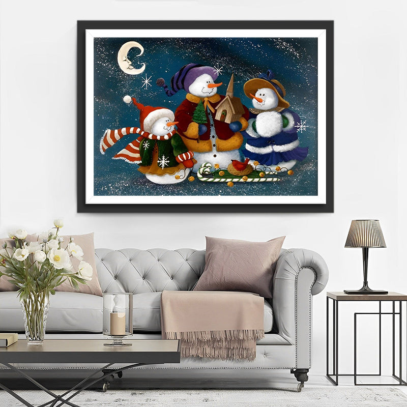 Trois Bonhommes de Neige et Lune Broderie Diamant