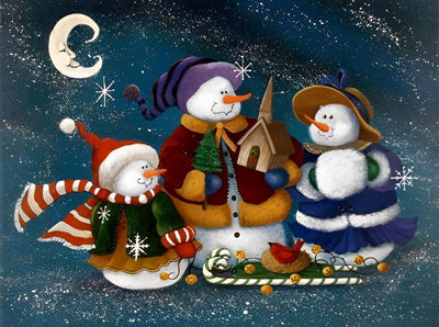 Trois Bonhommes de Neige et Lune Broderie Diamant