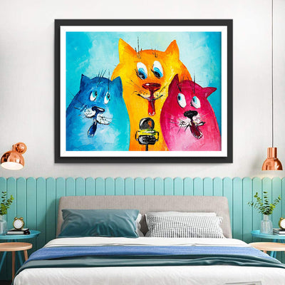 Trois Chat Drôles Chantant de Différentes Couleurs Broderie Diamant