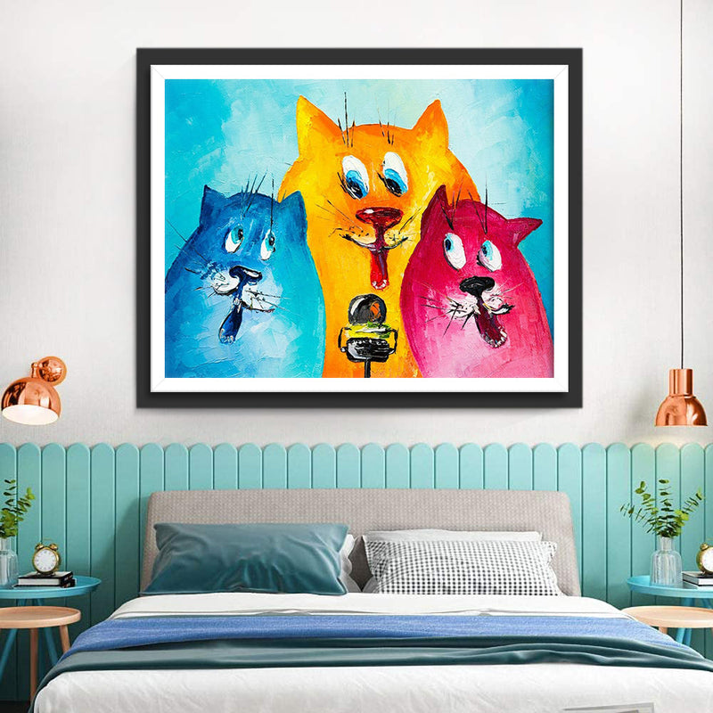 Trois Chat Drôles Chantant de Différentes Couleurs Broderie Diamant