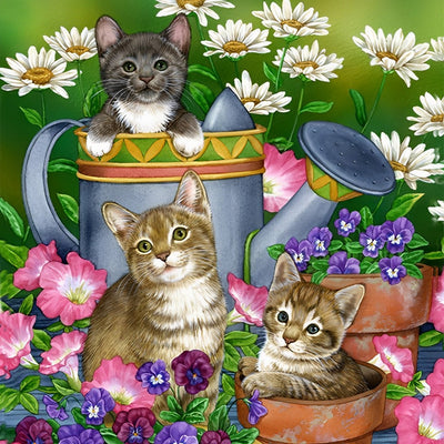Trois Chatons avec un Cruches d'Arrosage Broderie Diamant