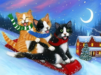 Trois Chatons Faisant de la Luge Broderie Diamant
