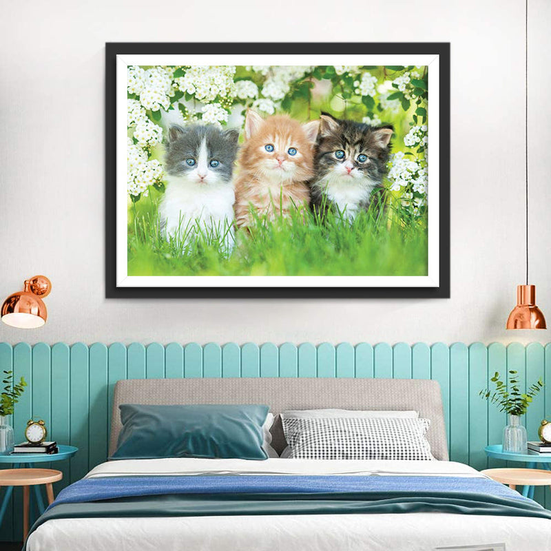 Trois Chatons Mignons sur la Pelouse Verdoyante Broderie Diamant
