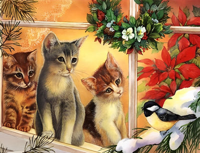Trois Chatons Regardant Hirondelle par la Fenêtre Broderie Diamant