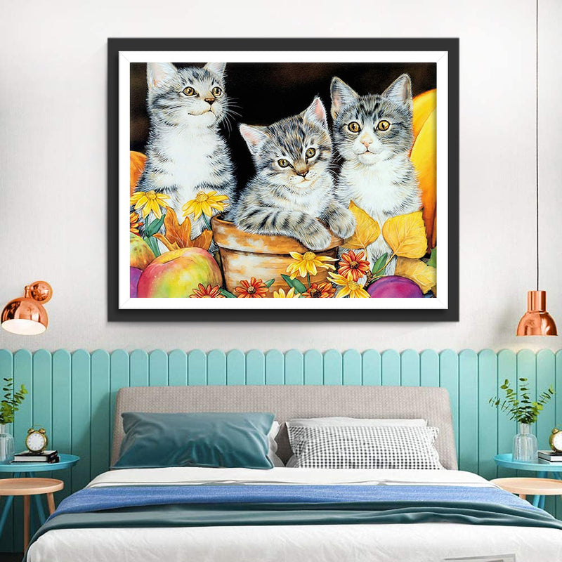 Trois Chatons Tigrés Gris Broderie Diamant