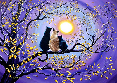 Trois Chats Blottis sur Branche Broderie Diamant