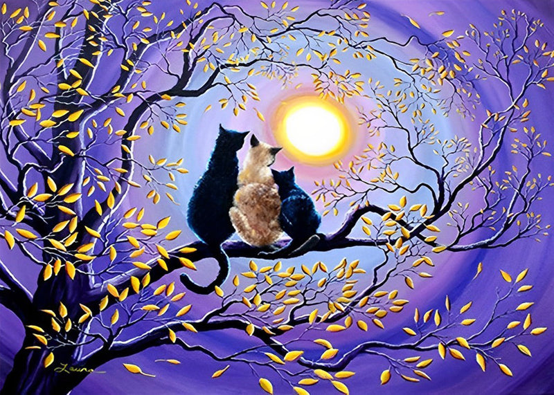 Trois Chats Blottis sur Branche Broderie Diamant