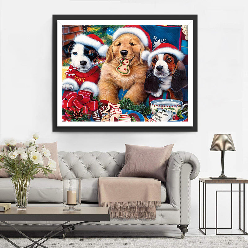 Trois Chiots de Noël Fête Broderie Diamant