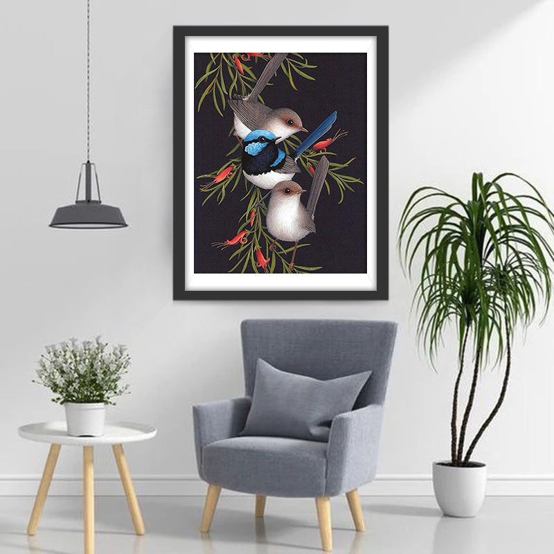 Trois Mignons Oiseaux sur une Branche Broderie Diamant