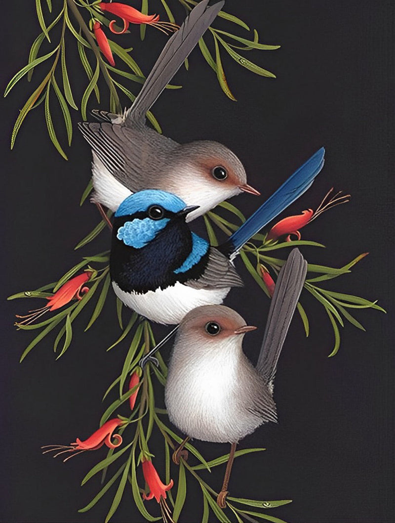 Trois Mignons Oiseaux sur une Branche Broderie Diamant