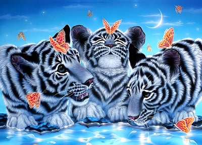 Trois Petits Tigres Blancs et des Papillons Broderie Diamant