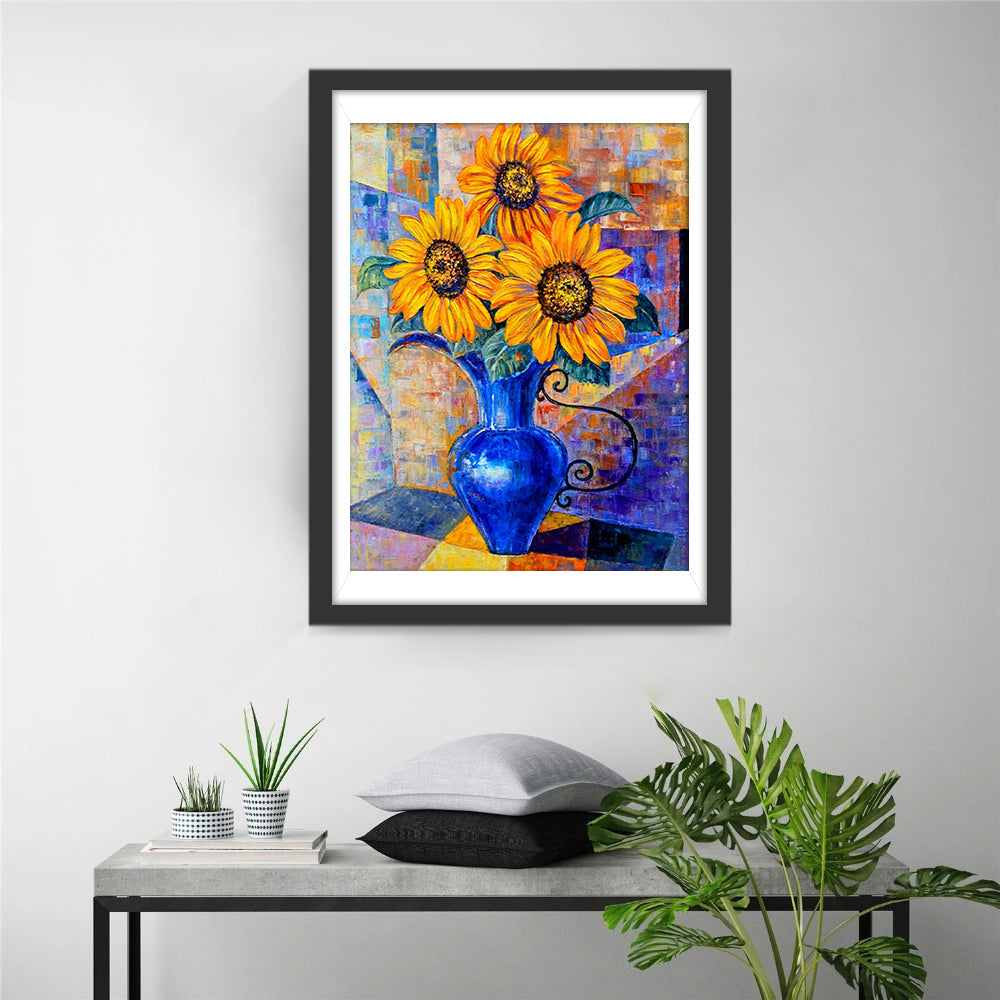 Trois Tournesols et Vase Bleu Broderie Diamant