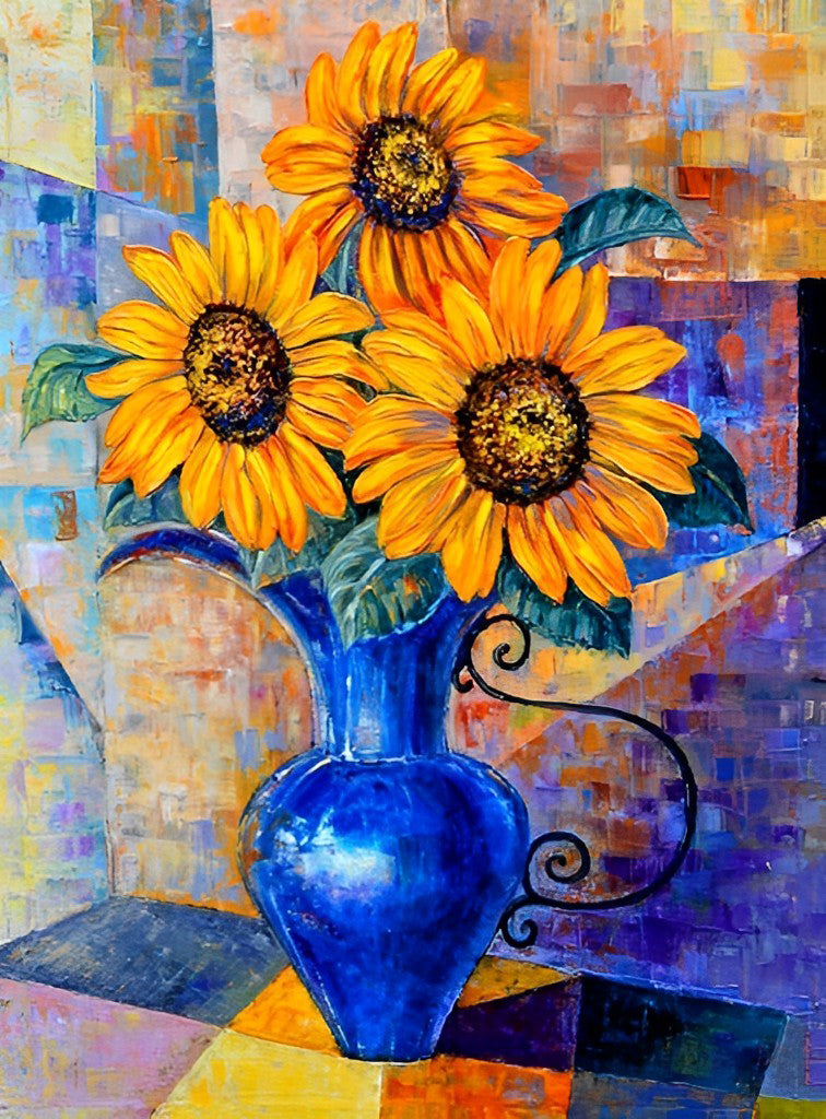 Trois Tournesols et Vase Bleu Broderie Diamant