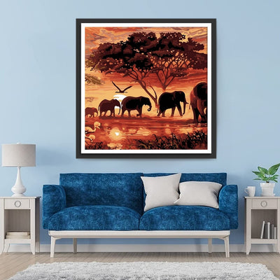 Troupeaux d’Éléphant et Nuages Rouges Broderie Diamant