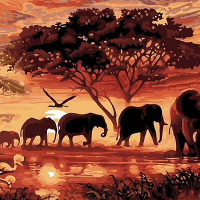 Troupeaux d’Éléphant et Nuages Rouges Broderie Diamant