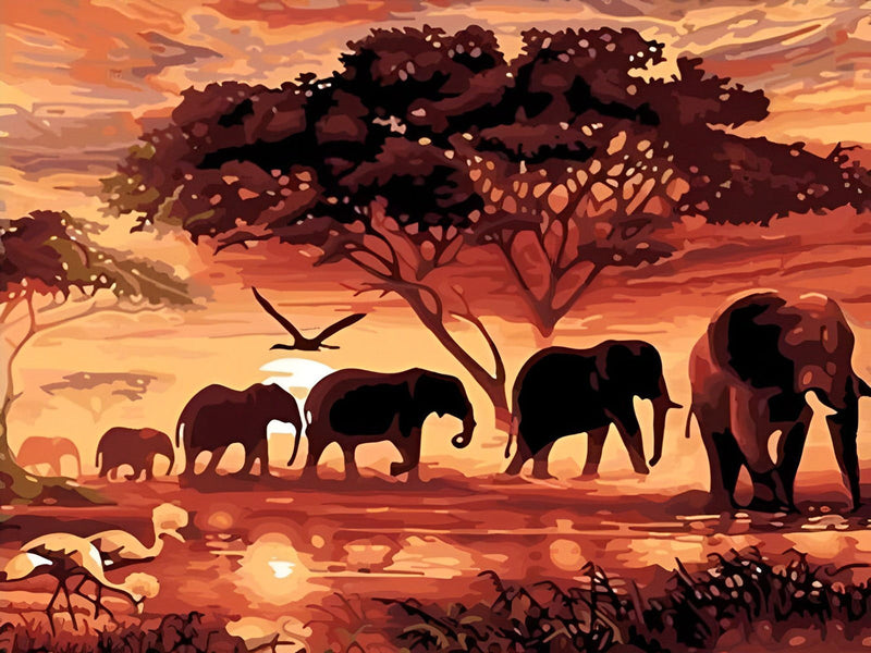 Troupeaux d’Éléphants avec le Soleil Couchant Broderie Diamant
