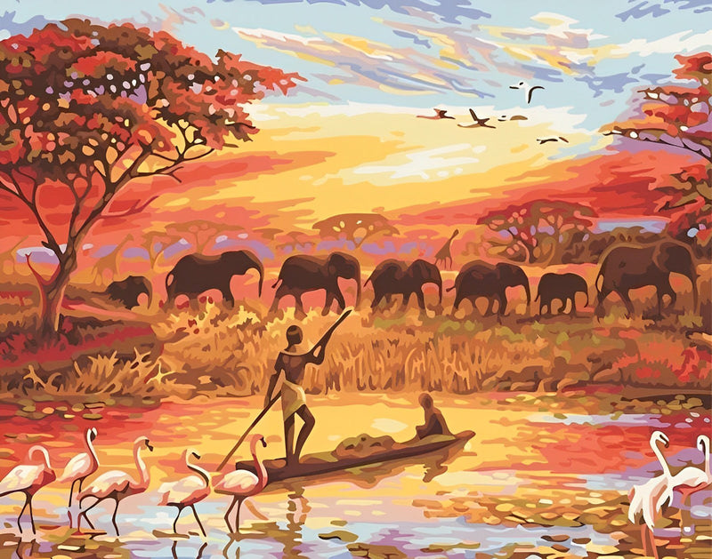 Troupeaux d’Éléphants et Rameurs Broderie Diamant