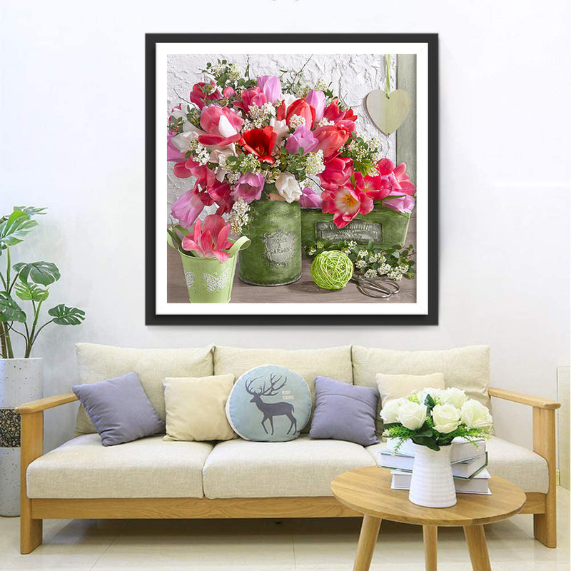Tulipes dans les Pots Verts Broderie Diamant