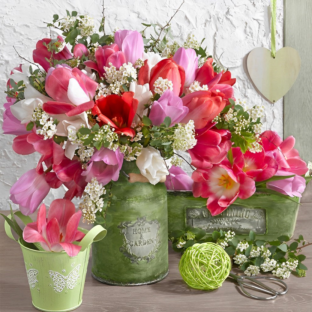 Tulipes dans les Pots Verts Broderie Diamant