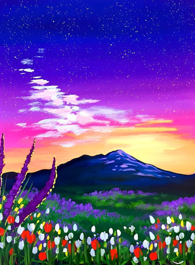 Tulipes et Montagne avec le Ciel Magnifique Broderie Diamant