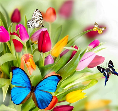 Tulipes Fleurs et les Papillons Broderie Diamant